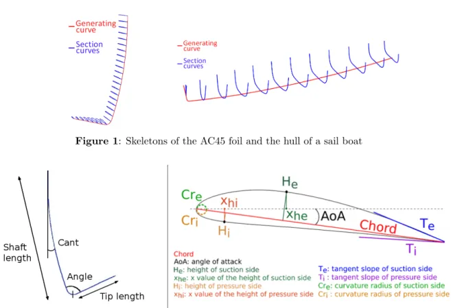 Figure 1: Skeletons of the AC45 foil and the hull of a sail boat