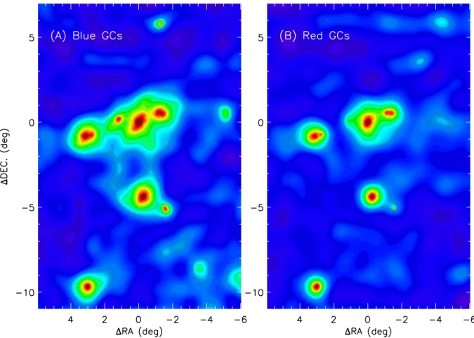 Figure 3: Surface number density maps of the blue globular clusters (0.6 &lt; (g − i) 0 ≤ 0.95)(A) and the red globular clusters (0.95 &lt; (g − i) 0 &lt; 1.3)(B)