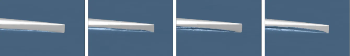 Figure 11 – Visualisation de l’extr´ emit´ e avant ` a diff´ erents instants pour le tangage moyen de 1,75 ° .