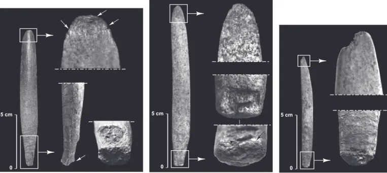 Fig. 21 – Macrotraces d’utilisation présentes en parties distale et proximale des pièces à extrémité distale spatuliforme et à base obtuse, groupe A  (Isturitz, MAN ; clichés : N