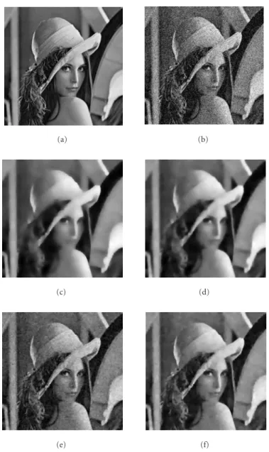 Figure 9: Filtering results for Gaussian noise (Lena image): (a) original image, (b) noisy image, (c) Huber, (d) entropic, (e) total variation, and (f) improved entropic.