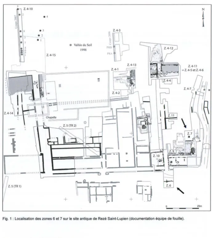 Fig. 1 : Localisation des zones 6 et 7 sur le  site antique de Rezé Saint-Lupien (documentation équipe de fouille) 