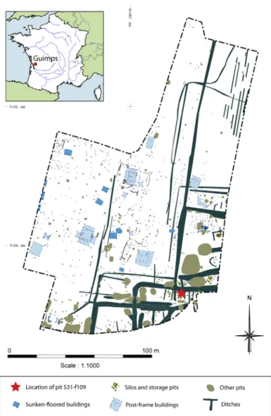 Fig. 1. Maps showing (a) the location of Guimps in France, (b) the area excavated, (c) the location of storage pit S31F109, graphics.