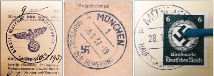 Figura 3.  Algunos de los sellos y timbres postales nazi que se encuentran en los documentos  del archivo Schwenn del Museum am Rothenbaum (Fotografía de B
