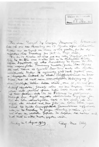 Figura 4.   Carta de Max Uhle que hace referencia a las piezas de la colección Schwenn del  Museum am Rothenbaum, firmada el 2 de agosto de 1939 en Hamburgo (Fotografía  de B