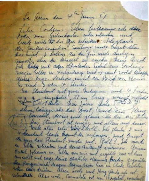 Figura 5.  Carta de Ricardo Schwenn a Hans Cordsen del 4 de junio de 1951. En ella se hace  referencia a la escultura de la balsa y a algunas vasijas cerámicas, acompañado de  rápido bocetos (Fotografía de B