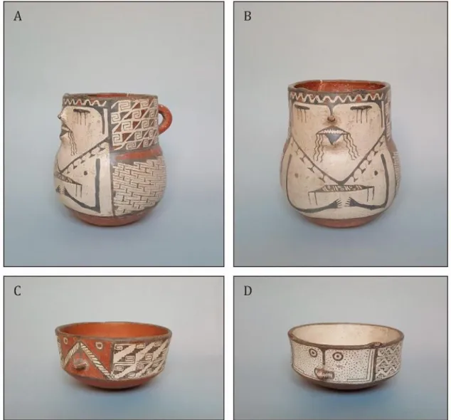 Figura 6.  Tres  vasijas  Diaguita  de  la  colección  Schwenn  depositadas  en  el  Museum  am  Rothenbaum (números de inventario: 52.17:3 “jarro con máscara funeraria”, 52.18:4,  52.18:7) (Fotografía C