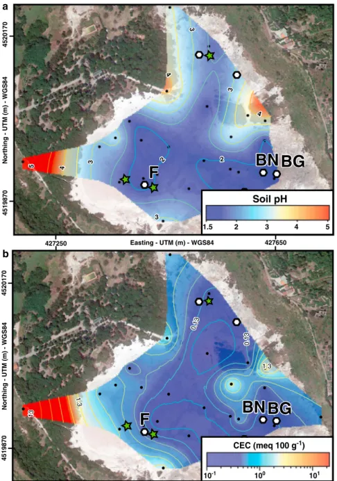 Figure 6. Solfatara satellite image (2014) draped with a mapping of (a) soil pH and (b) CEC values (meq 100 g 1 ) for the 27 soil samples (black dots)