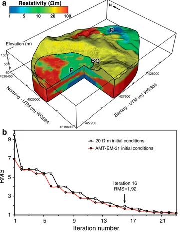 Figure 4. Inversion of ERT data. (a) Initial electrical resistivity model ( Ω m) derived from the interpolation of resistivity values found from inversion of electromagnetic data on the 902,919 elements of the mesh