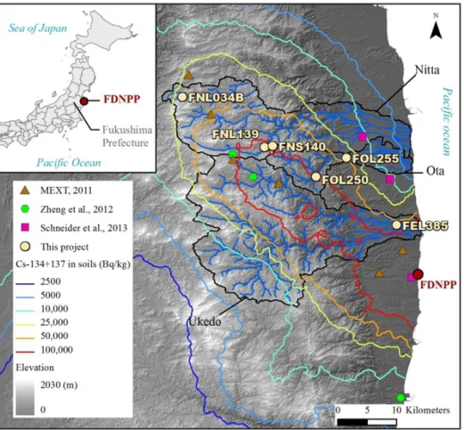 Figure 1. Location of the main inland radiocesium contamination plume in northeastern Japan  (colored lines), the analyzed samples (white dots), and samples analyzed in other studies in which  plutonium was detected (colored dots)
