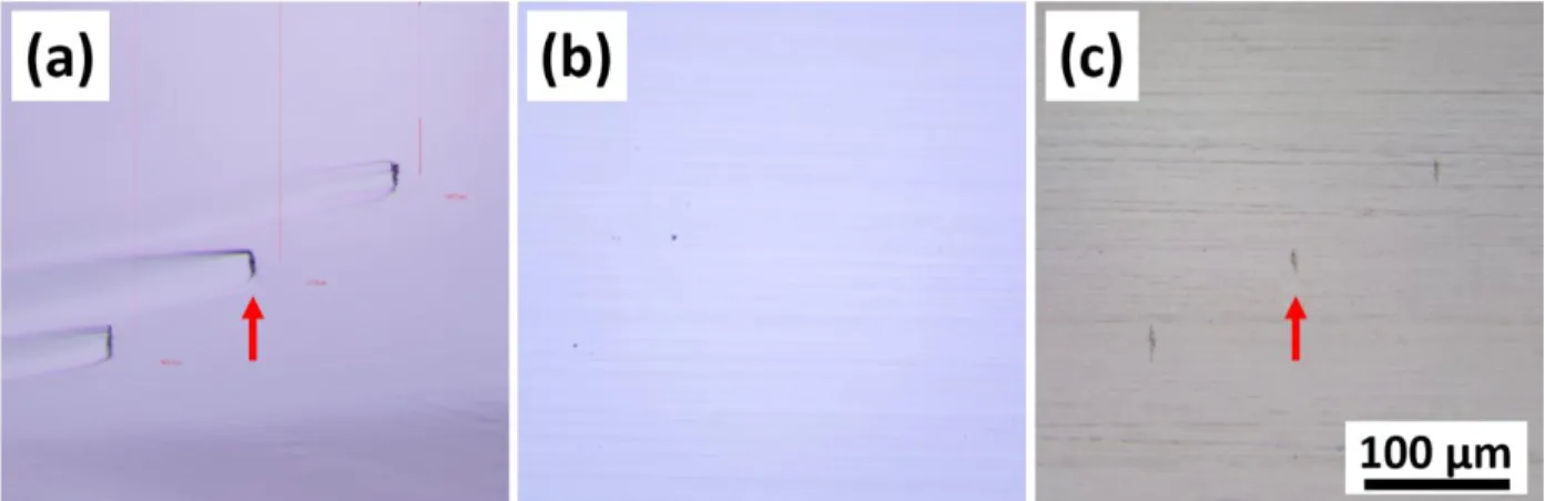 Fig. 4. Cross sections of laser-modified regions after (a) cleaving, (b) polishing, and (c) chemical etching