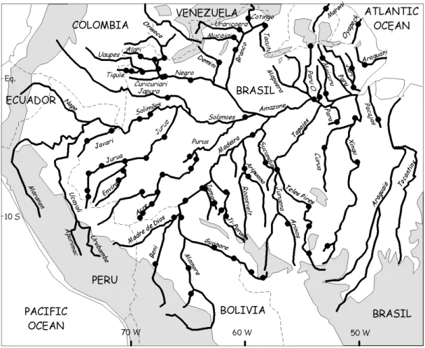 Fig. 1 Location of the gauging stations. Grey shading indicates regions above 500 m. 