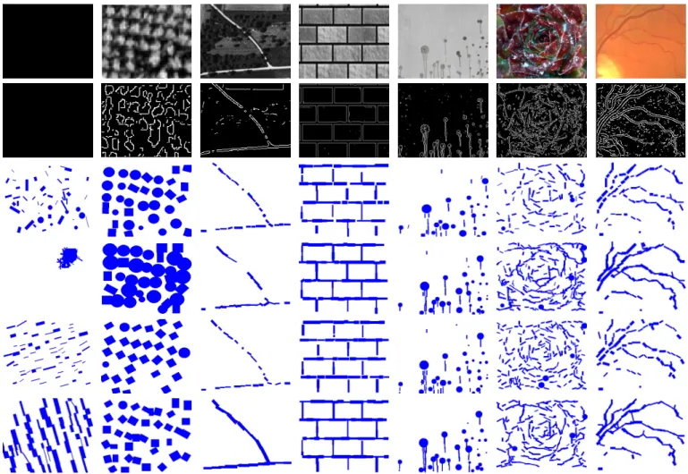 Fig. 15. Efficiency of the various interactions. (from top to down) Images, Canny edge detector, results using the original model, the connection, the alignment, and the connection/alignment interaction priors