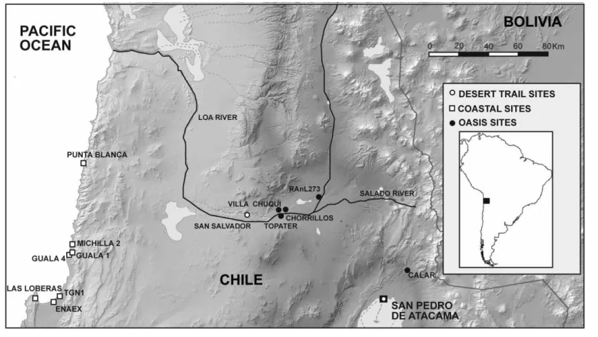 Figure 1. Map of Atacama Desert with location of sites mentioned in text noted.