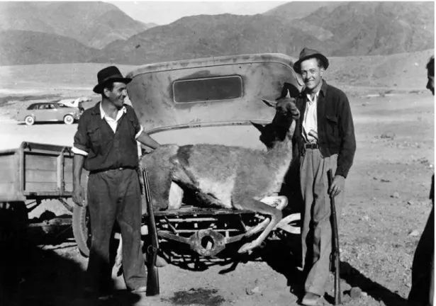 Figura 8: Fotografía luego de la caza del guanaco al interior de Cifuncho; Hugo Yávar, Pascual Sara y un tercer sujeto  sonríen a espaldas del Ford Lincoln y los cerros litorales