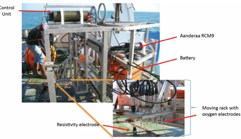 Fig. 1. Picture of benthic station and zoomed view of rack carrying oxygen and resistivity electrodes.