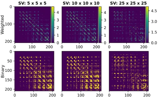 Figure 2: The first row shows the weighted connectivity matrices corresponding to the tractograms obtained at the three studied resolutions