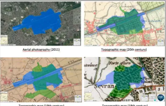 Figure 2 : Comparative evolution of Poudrerie Park Natura 200 area (in blue) and land occupations since the 18 th  century (Greater Paris)