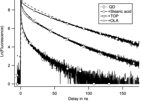 Figure  3:  Fluorescence  decays  of  a  solution  of  QD  41.5  µmol/L  in  toluene  that  is  further  diluted  in  toluene