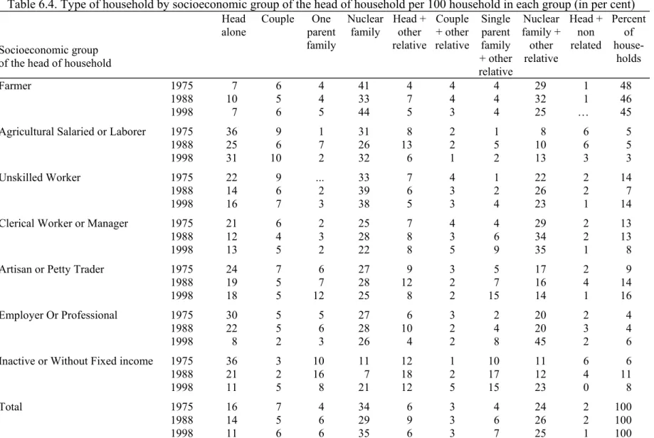 Table 6.4. Type of household by socioeconomic group of the head of household per 100 household in each group (in per cent) 