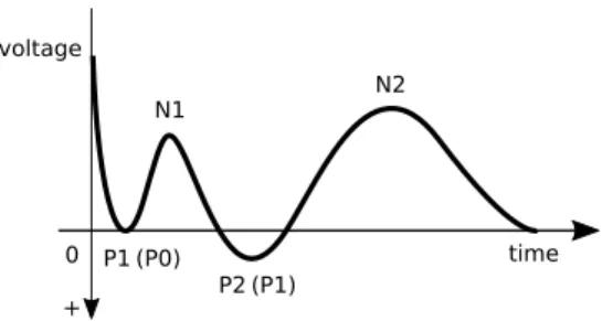 Figure 1: A schematic shape of a Cortico-Cortical Evoked Potential, which typically consists of four consecutive voltage peaks named P1, N1, P2, and N2, where N are negative peaks while P are positive ones