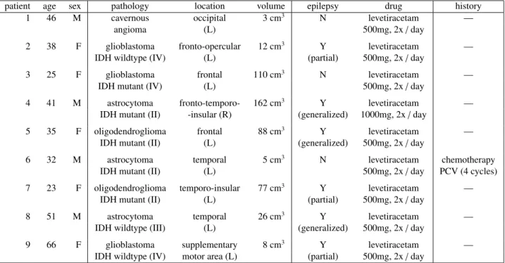 Table 1: Summary of patients data including type, location, and volume of the pathology (II, III, IV — WHO grades; L, R — left / right brain hemisphere), epilepsy, antiepileptic drug administered, and the history of previous anticancer treatment.