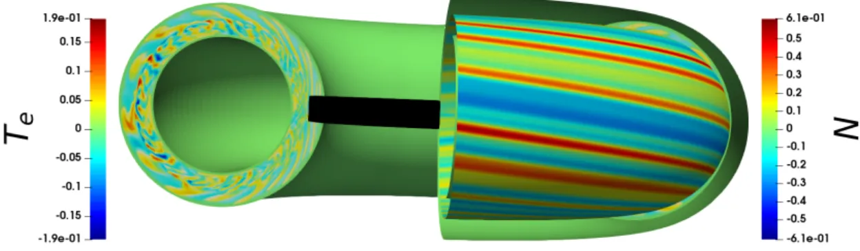 Figure 3: 3D snapshot of density and electron temperature fluctuations showing typical structures characteristics of edge plasma turbulence