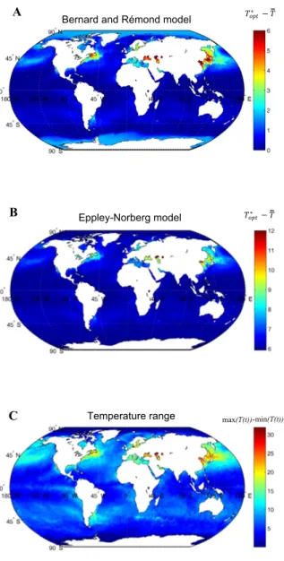 Fig. 2. World map of the difference between the optimal temperature for growth and the mean temperature