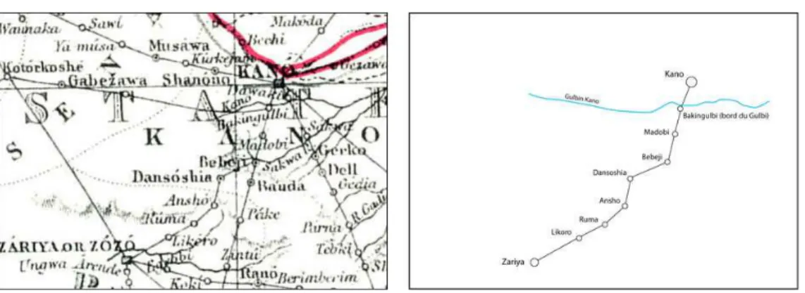 Figure 4 : Détail de la carte de Barth portant l’itinéraire de Kano à Zaria