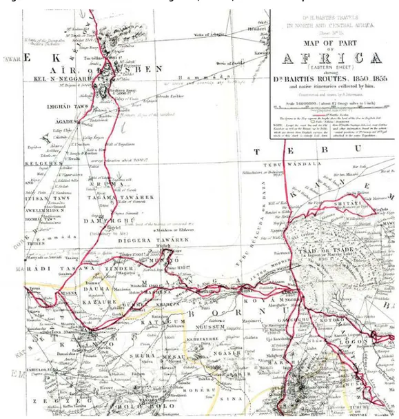 Figure 2 : Détail de la carte de Barth figurant, en noir, les itinéraires qu’il a recueillis