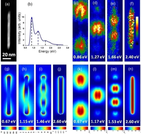 FIG. 6. Nanowire. (a) STEM-HAADF image. (b) EELS spectrum. (c) – (f)  Experi-mental EELS map (obtained by STEM EELS)