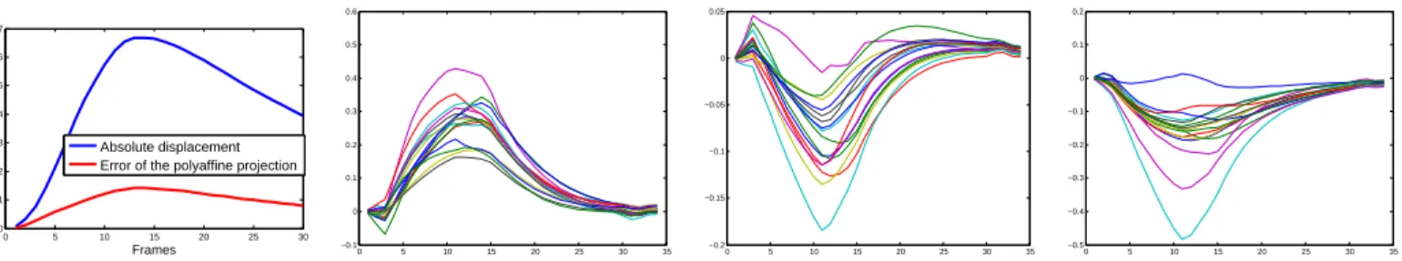 Table 1. Polyaffine projection for a cardiac motion. (Left) figure: error of the projection versus absolute displacement
