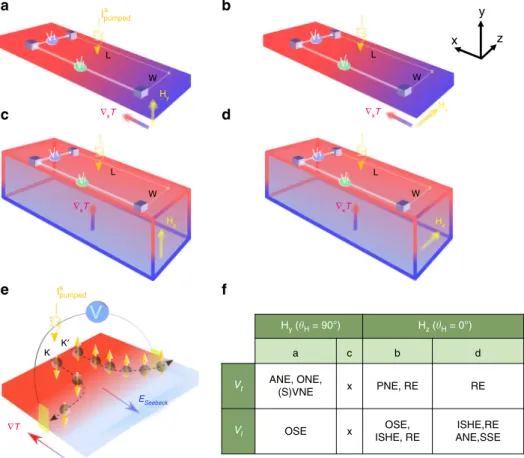 Fig. 2 Schematics of the transverse ( V t ), longitudinal ( V l ) voltages measured under different con ﬁ gurations and the electrical detection of the VNE.