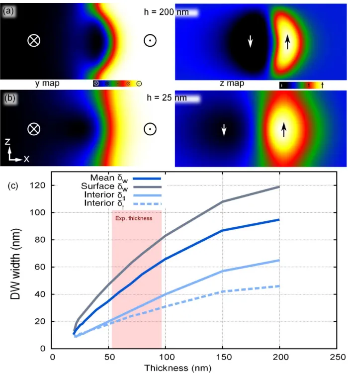 Figure 4. (Colour online) Domain wall width measure with respect to the thickness on simulated iron bar