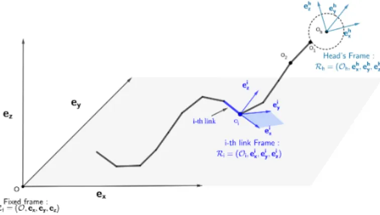 Fig. 1. Reference and local frames of the discrete-shape model. The swimmer’s head frame is oriented relative to the reference frame