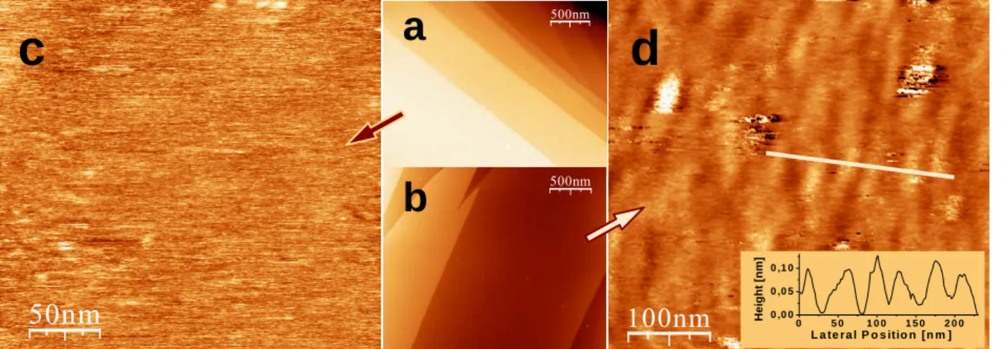Figure 5. STM images of the surface of two cleaved GaTa 4 Se 8  crystals. Large scale images of the pristine crystal in (a) (bias 0.76  V, IT = 0.25 nA) and of the transited crystal in (b) (bias 0.56 V, IT = 0.25 nA) reveal, in both cases, large terraces