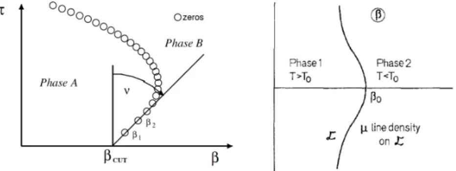 Fig. 4 Zeros of the partition function for finite systems (on the left) and infinite systems (on the right)