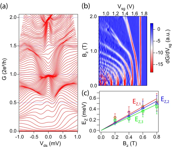 Figure S3: Experimental data for device D3. (a) Differential conductance G as a function of V ds at different V sg and B z = 0, (b) Linear transconductance dG/dV sg as a function of V sg and B z , and (c) E z vs B z 