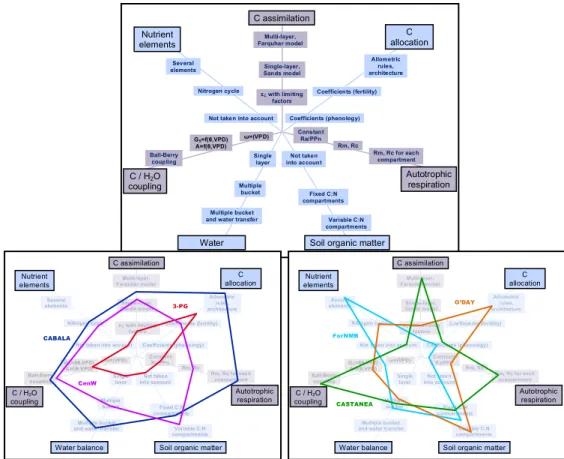 Figure   4:   Position   of   various   ecophysiological“plant”   models   using   a   star   diagram   where   each   point   represents    an   ecosystem   functioning   process