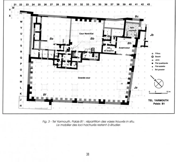 Fig.  3 -  Tel Yarmouth,  Palais B 1  : répartition des  vases trouvés in situ. 