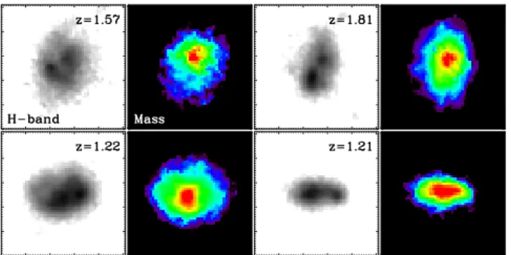 Figure 5. Examples of galaxies with a clumpy/disturbed H-band appearance but a smooth mass map