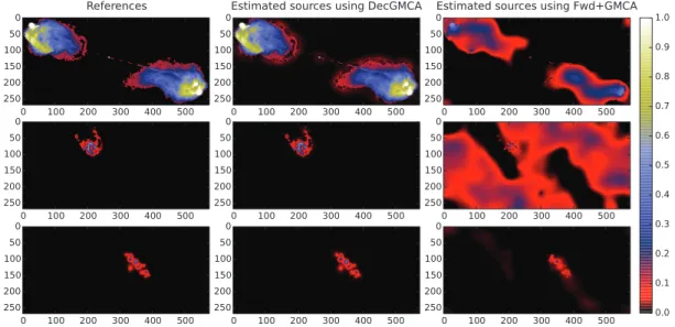 Figure 8. Illustration of DecGMCA applied on astrophysical images. The raw data is blurred by the masked PSFs and contaminated by the noise: the resolution of PSF is linearly declined along 20 channels with resolution ratio=3, besides, PSFs are masked with