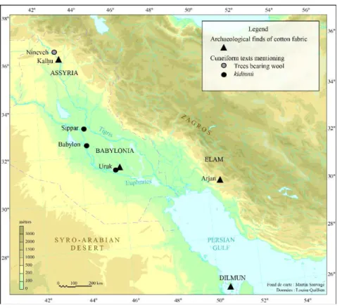 Figure 1: Map of the distribution of evidence about cotton in 1st millennium BC Mesopotamia
