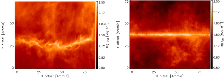 Fig. 9. Left panel: Herschel/SPIRE 250 µm image of the B211/B213 region in Taurus at the native beam resolution of 18.2 00 , but rotated in equatorial coordinates in clockwise direction by 37.4 ◦ 