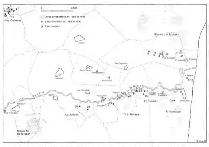 Figure 8: Carte de localisation des sites identifiés. En grisé : aires ayant fait l'objet de prospections systématiques