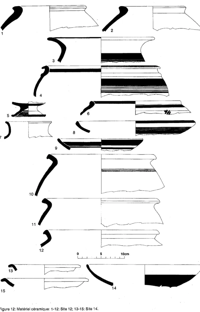 Figure 12: Matériel céramique: 1-12: Site 12; 13-15: Site 14. 