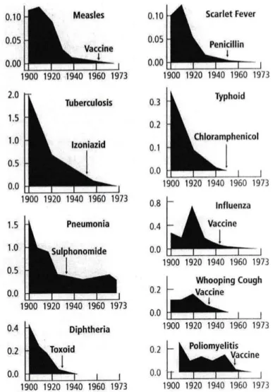 Figure 2 : évolution de la prévalence de neuf maladies aux USA au 20ème siècle 