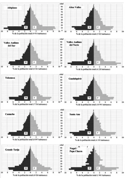 Fig. II-1: Departamento de Tarija/Occidente rural – Pirámides de  edad de la población en 2001 según la decapartición y 