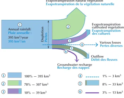 Figure 6.1: Annual water  accounting of the Volta basin  (average 1990-2000). “Various  losses” stands for stream  los-ses (e.g., evaporation, seepage)