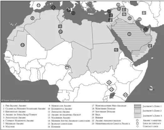 Figure 1: Approximate distribution of languages and Arabic varieties discussed in this volume